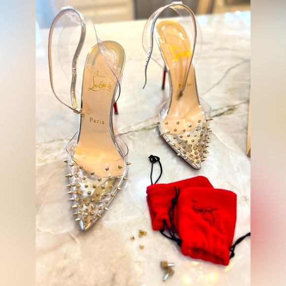 Christian Louboutin SPIKOO 100 light gold & transparent stilettos - Picture 1 of 12